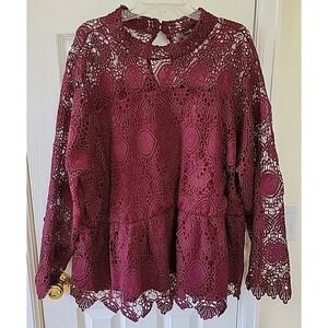 Lane Bryant Top Size 26 Burgundy Mock Neck Illusion Peplum Crochet Lace Blouse